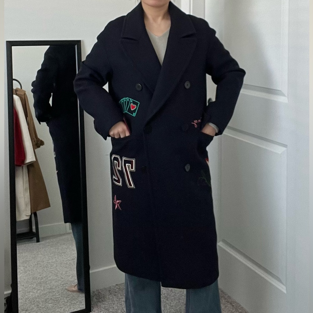 MO&Co Double-Breasted Oversized Wool Coat-Navy Blue Monkey King Embroidert-sz M